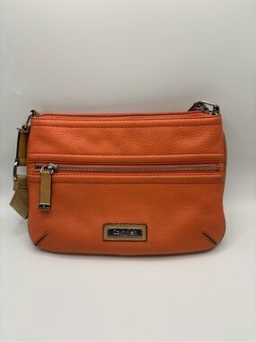 Calvin Klein Orange Pebbled Leather Crossbody Bag with Tan Strap